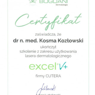 Certyfikat - Laser Cutera Excel V+ dr Kosma Kozłowski